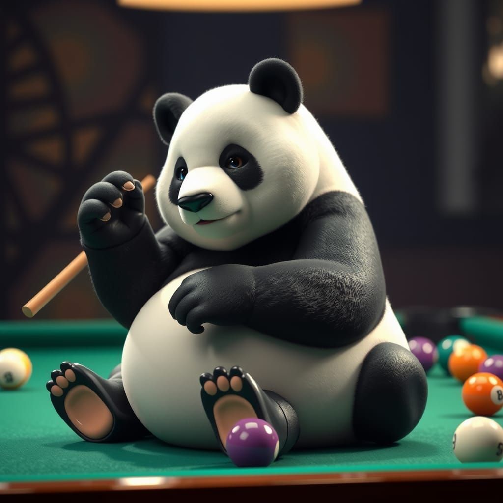.the panda bear sits on a billiard table a panda bear that has the shape and shine of billiard balls.The head is the whi...