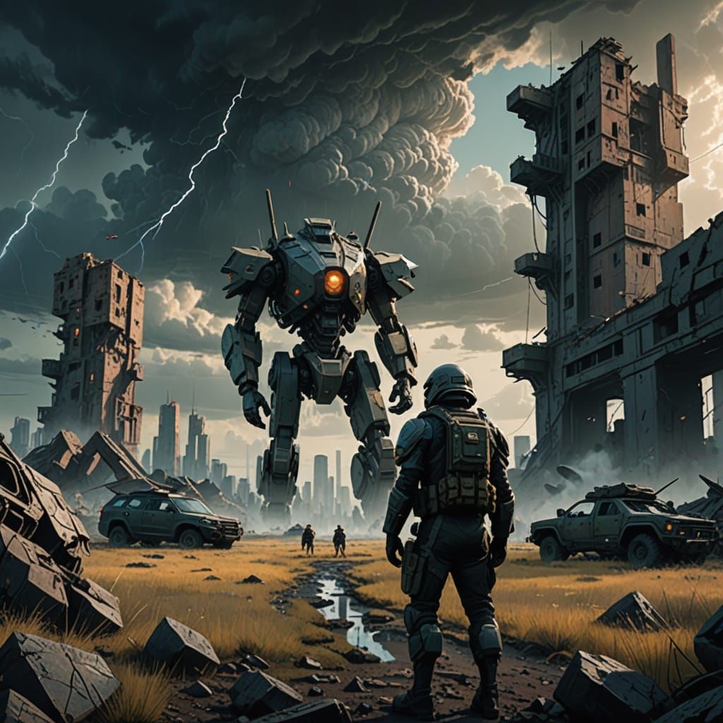 War-Torn Warriors in a Stormy, Ruined Cityscape