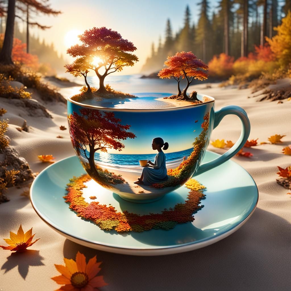 Magical Teacup with Autumnal Beach Scene
