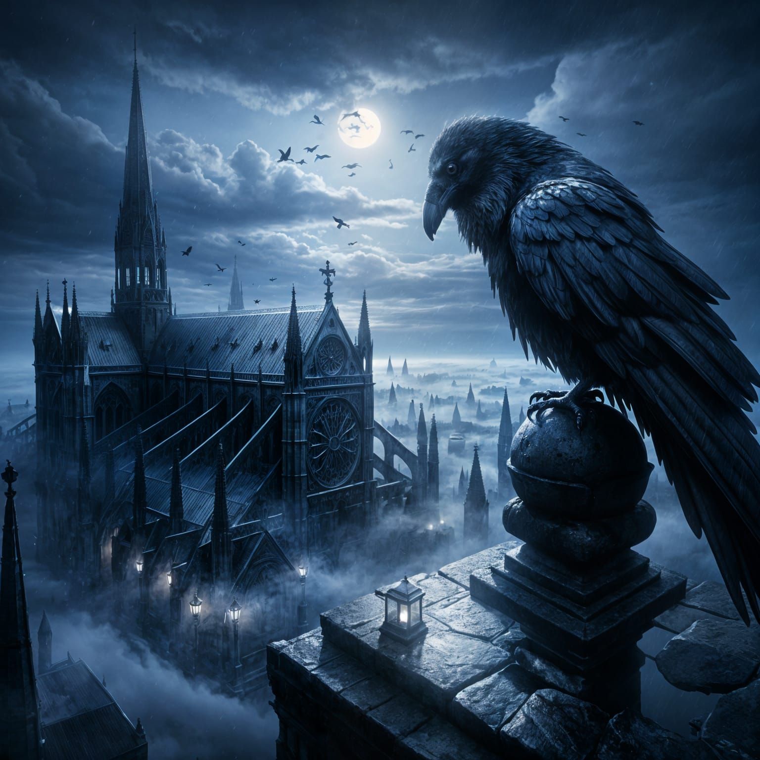 Solitary Raven on Fog-Shrouded Gothic Cathedral at Twilight