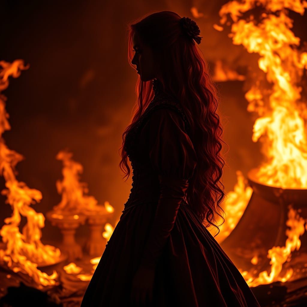Victorian Beauty Silhouetted Against Burning World