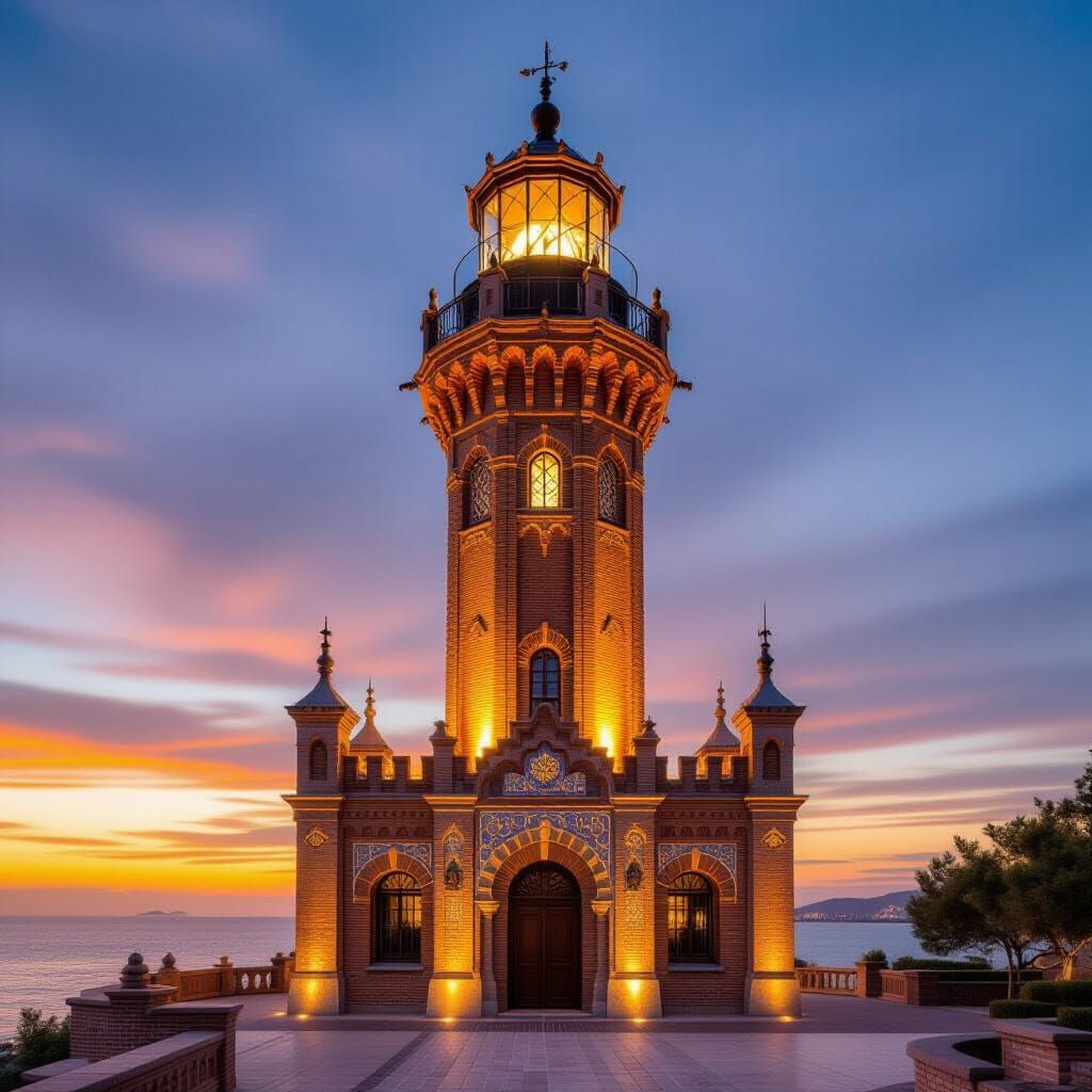 Mudejar Lighthouse with Gaudí Influences and Golden Lighting