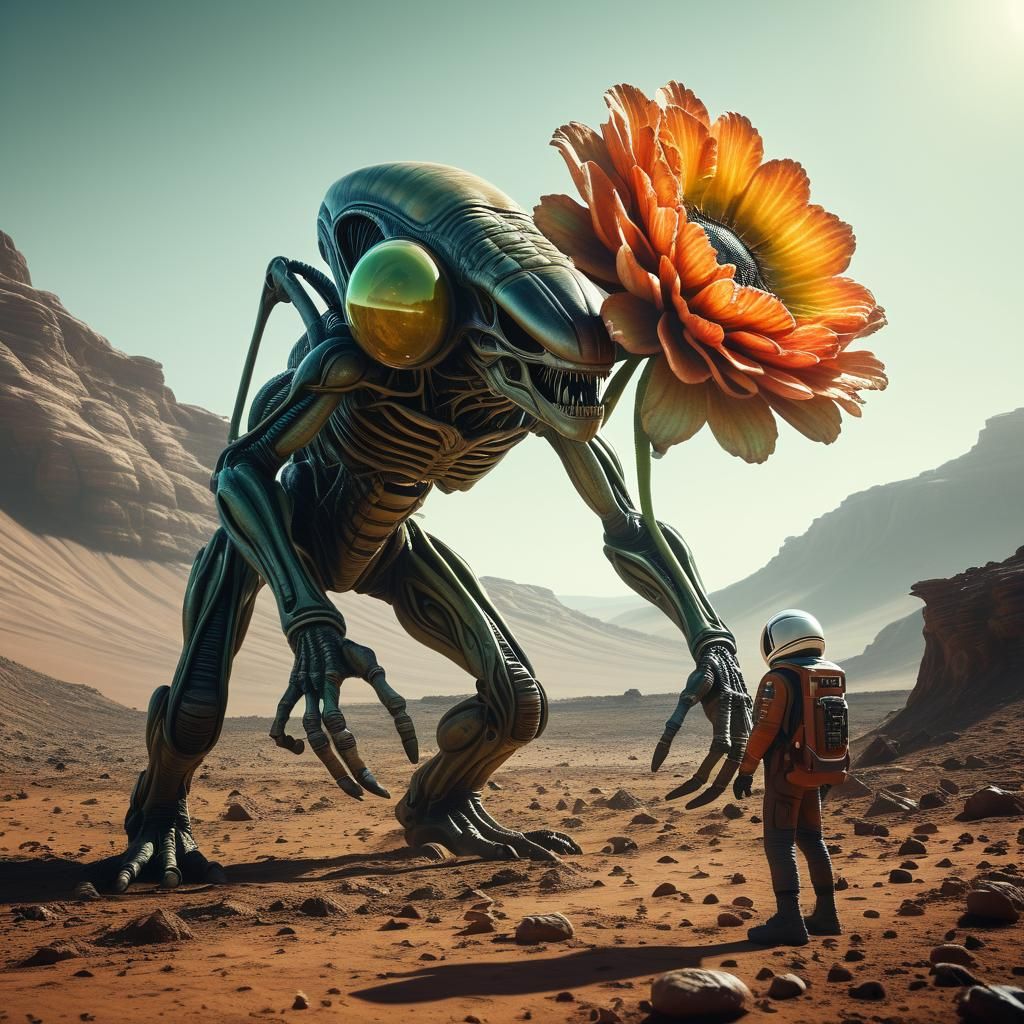 Creepy Alien Grabbing a Glowing Flower on Mars
