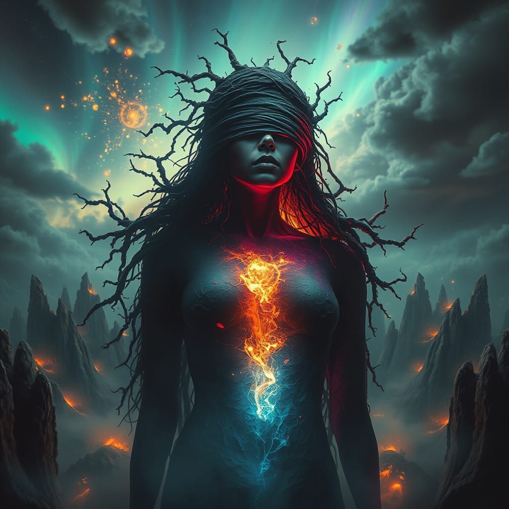 Ethereal Figure Shrouded in Decay and Iridescent Light