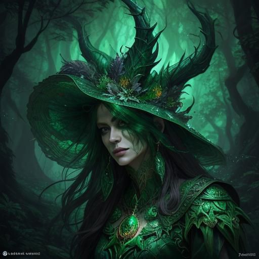 Emerald Forest Witch in Hyperrealistic Concept Art