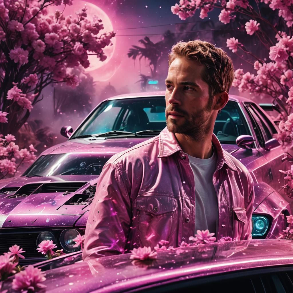 Surreal Car in Pink Galaxy: Cyberpunk Art