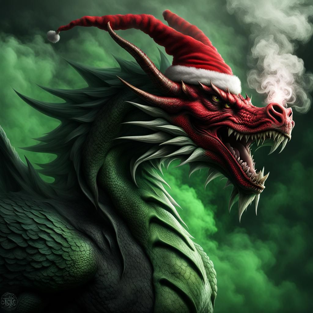 Muscular Dragon in Smoke with Santa Hat