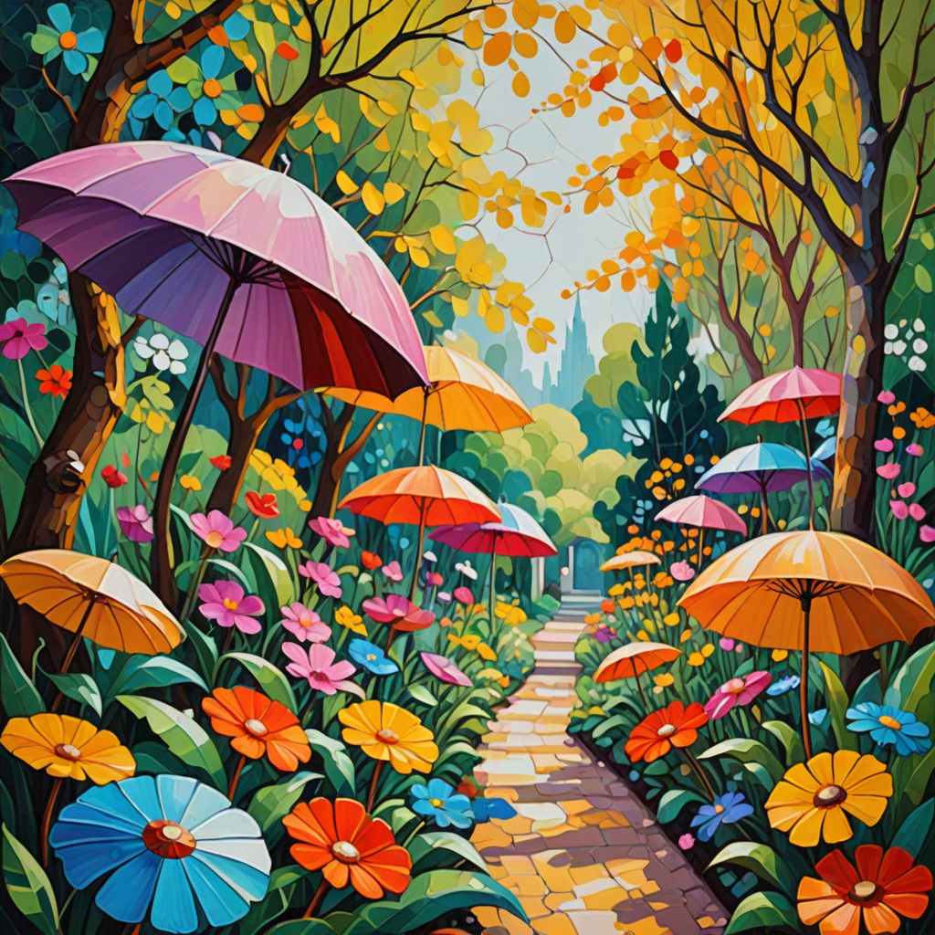 Whimsical Neo-Impressionist Garden Scene in Thick Oil Brushs...