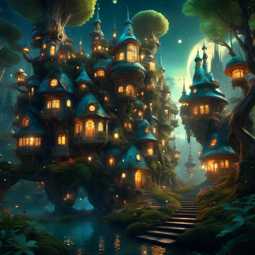 Enchanted Forest: Stump Houses Under a Starry Sky