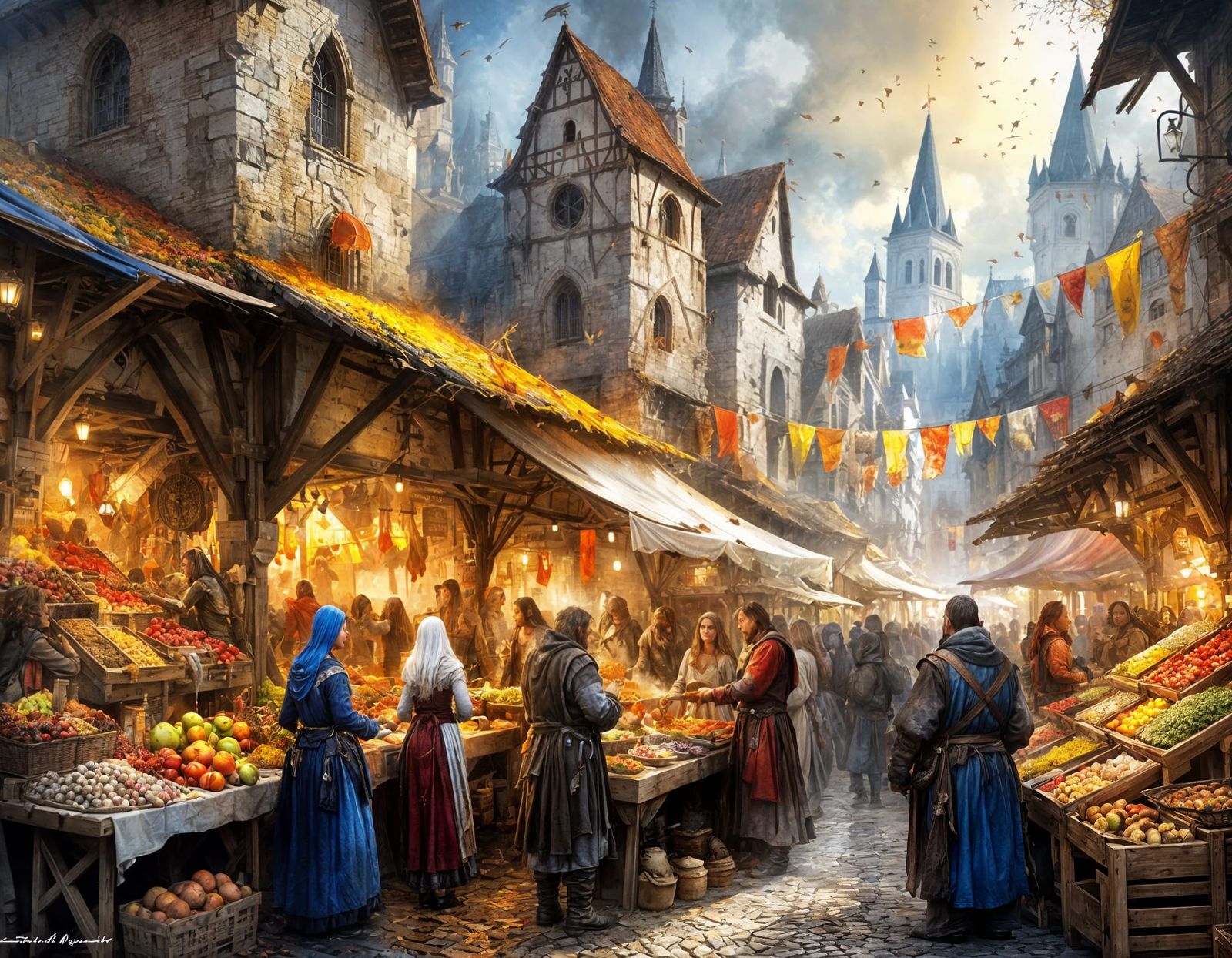 Bustling Medieval Autumn Harvest Festival Digital Painting