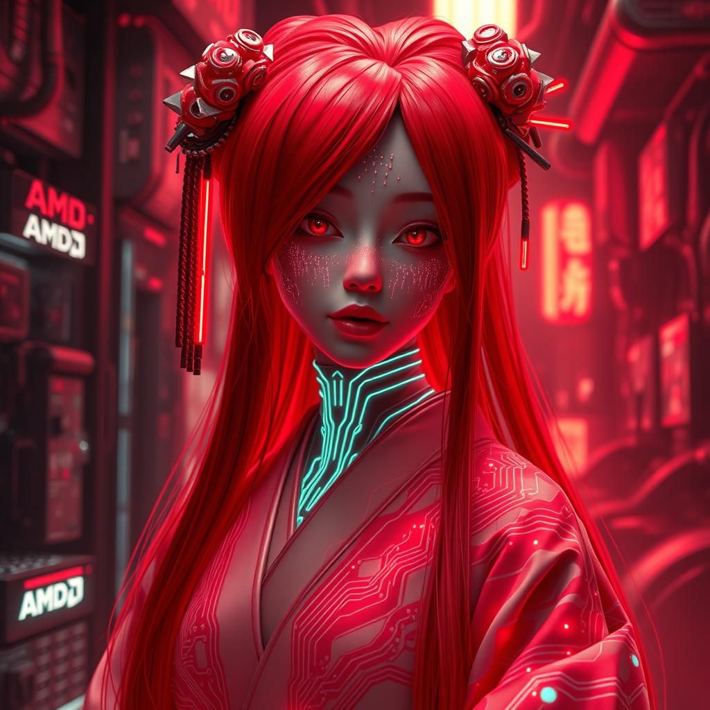 Red Neon Geisha Android Portrait in Cyberpunk Style