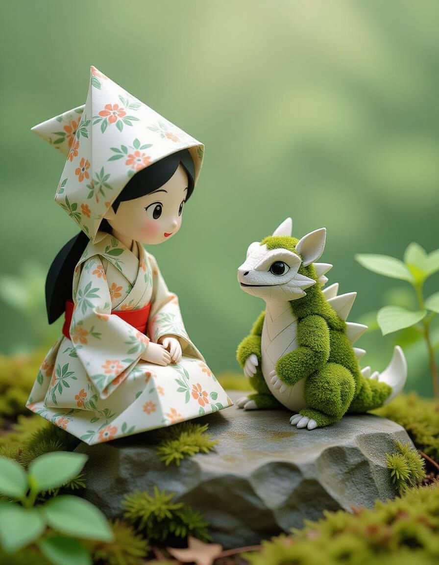 Origami Person and Stone Creature Chatting in Lush Forest