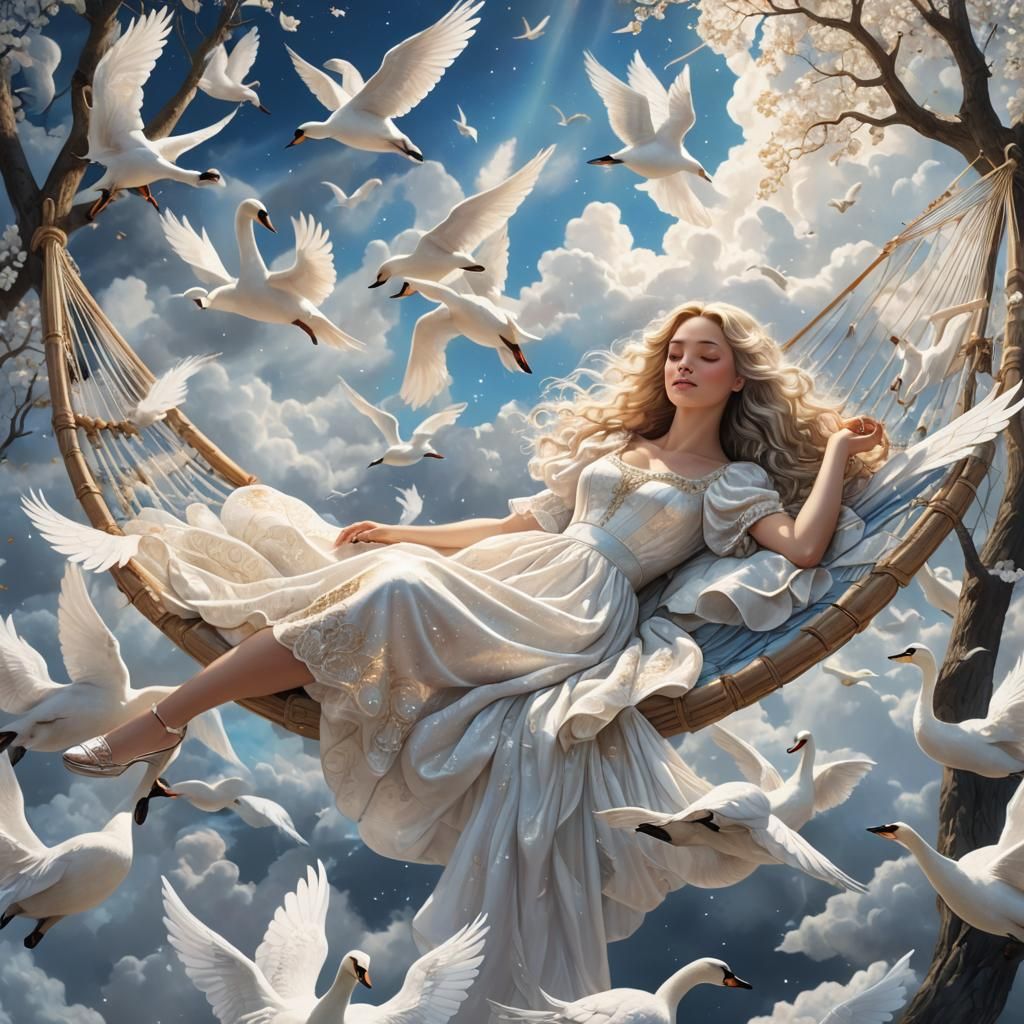 Sleeping Princess Pulled by Swans: Astral Illustration
