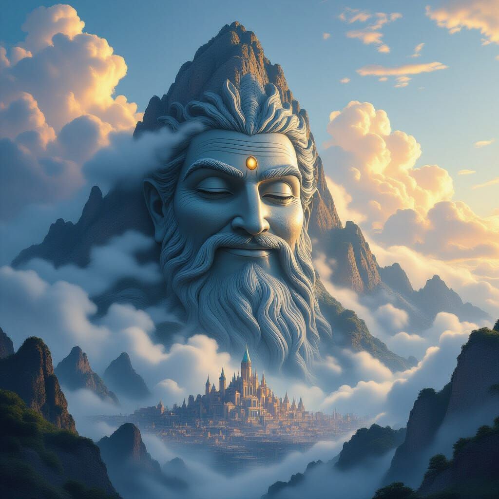 Colossal God Mountain Overlooking Dreamlike City