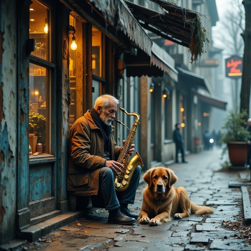 Old Man Plays Saxophone with Dog on Sad Street