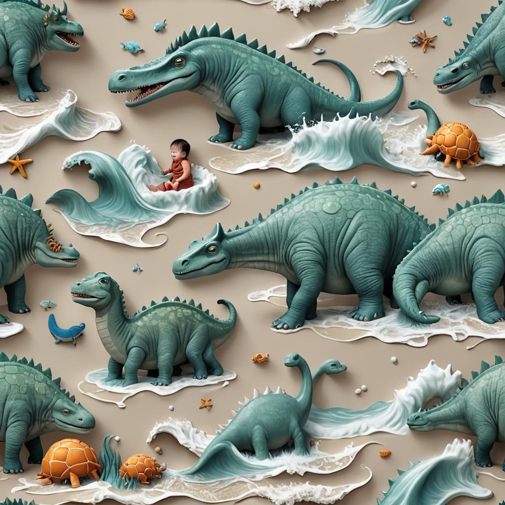 Brontosaurus Family Playing in the Sea: 3D Render