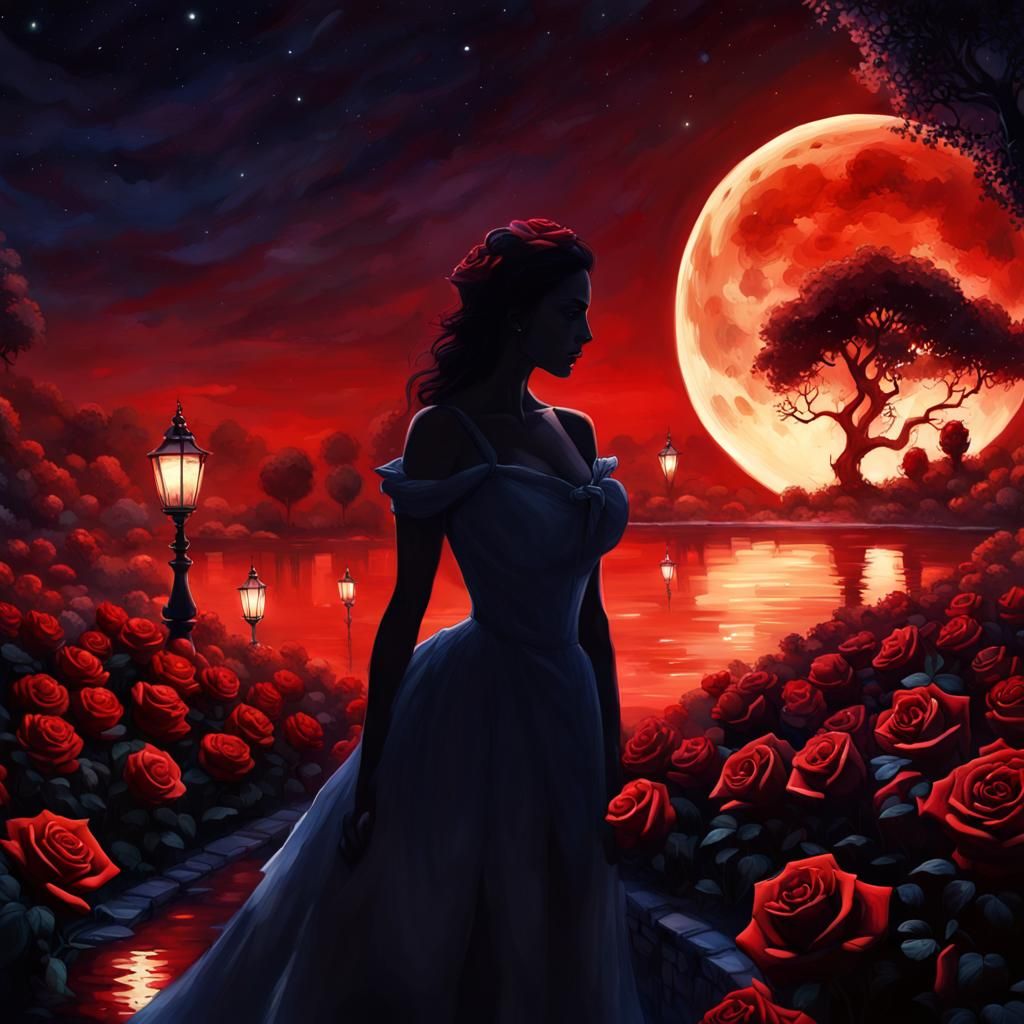 Blood Moonlit Rose Garden Fantasy Digital Art