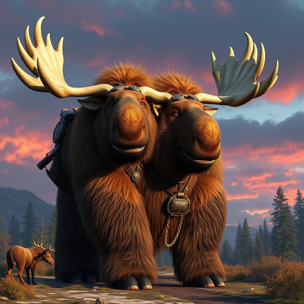 Gigantic Two-Headed Rad Moose in Fantastical Landscape