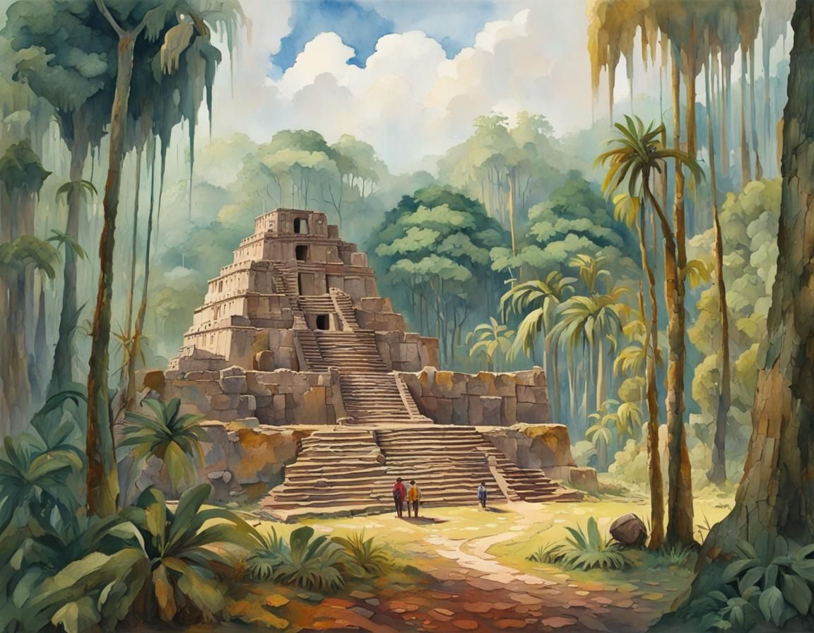 Inca Temple Ruins in Amazon, Gouache Watercolor Style