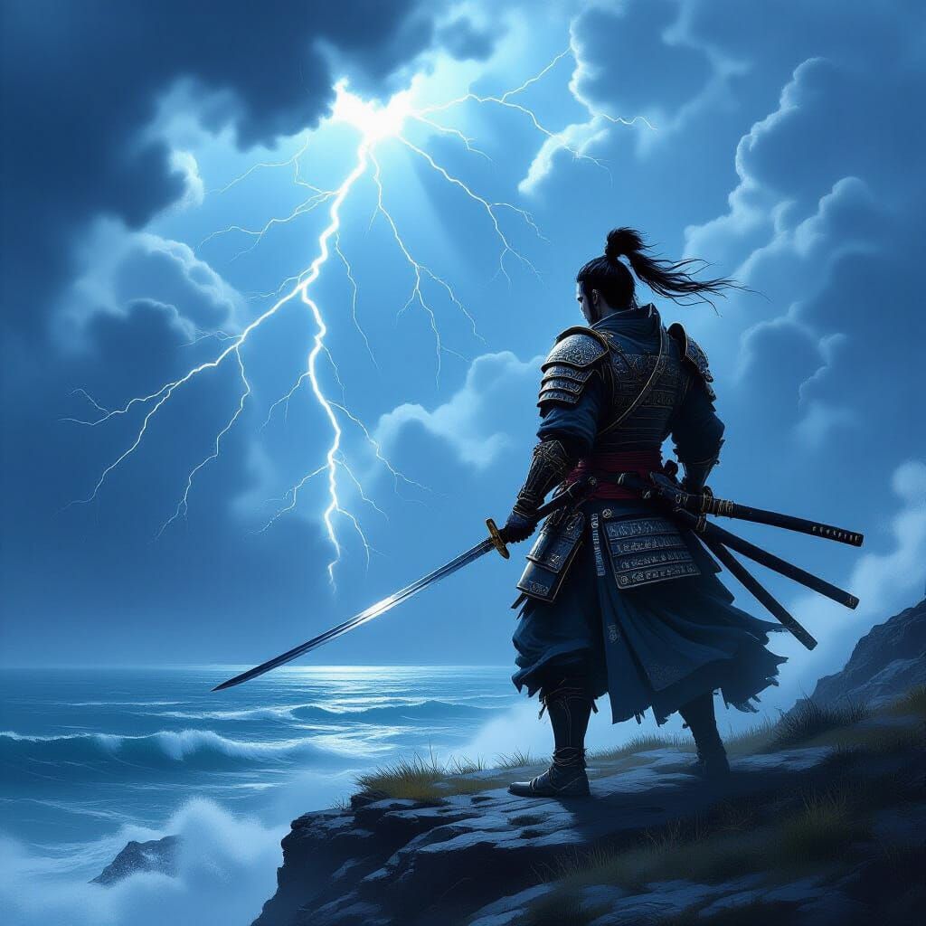 Lone Samurai Warrior on Cliff Overlooking Stormy Sea