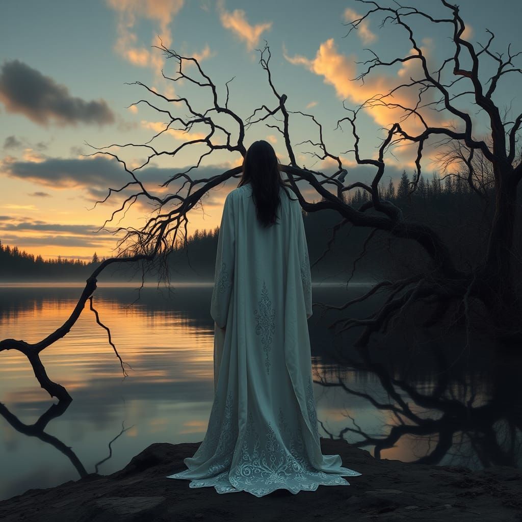 Ethereal Figure at Dusk: Surreal Fantasy Landscape