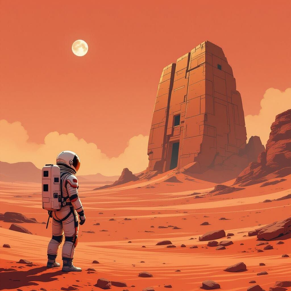 Astronaut Discovers Alien Ruin on Mars in Sci-Fi Art Style