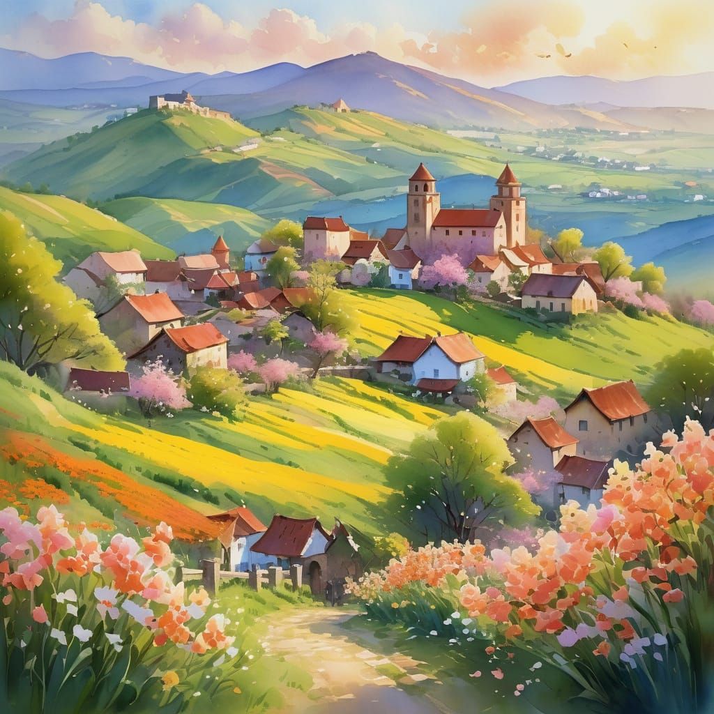 Watercolor Village and Castle at Spring Sunset