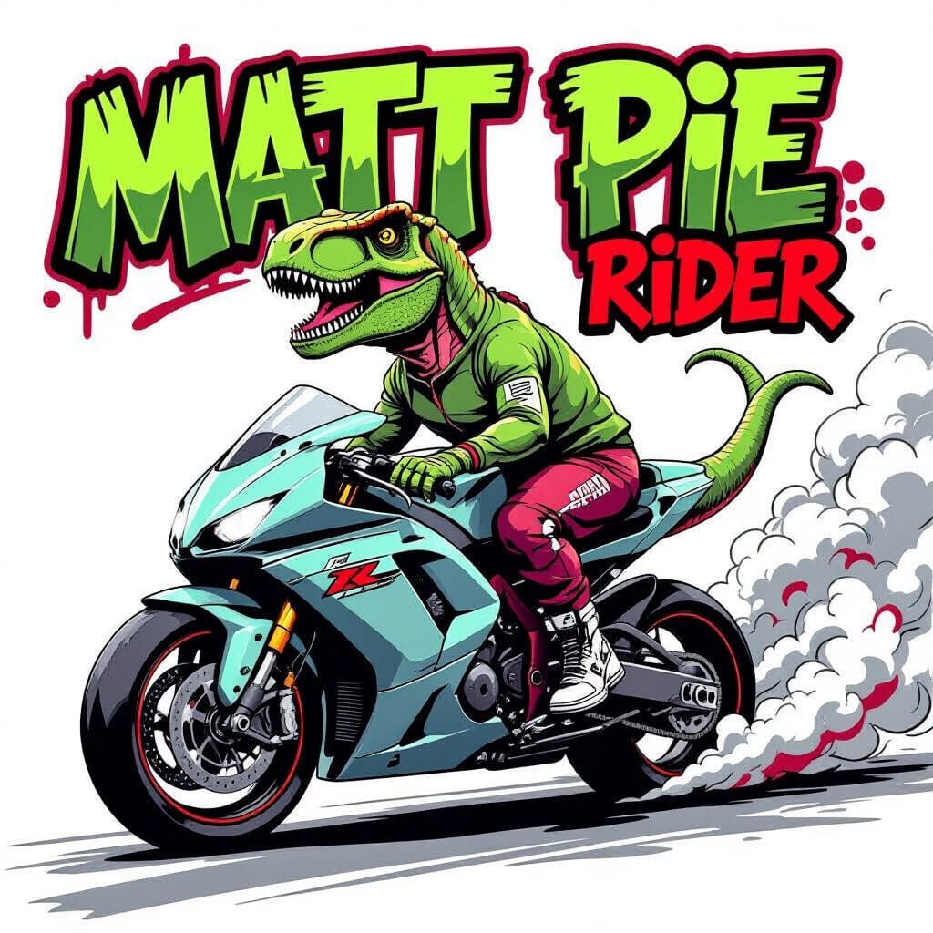 Funky T-Rex Rider on Super Bike in Muted Neon Tones
