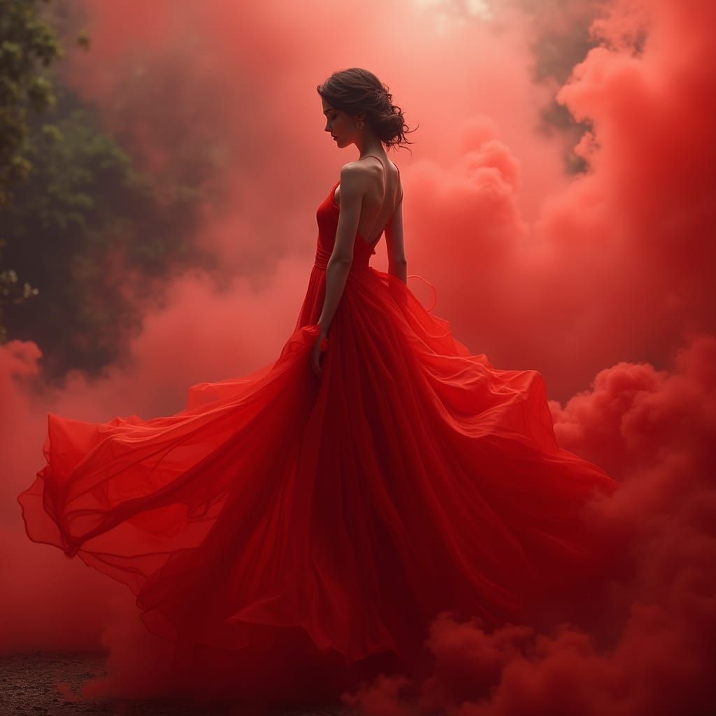Scarlet Goddess Unveiled in Ethereal Smoke