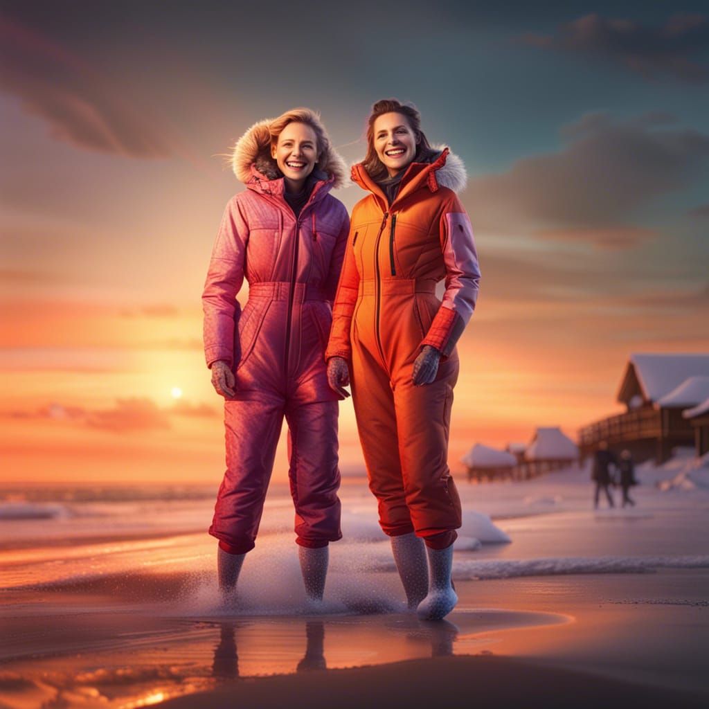 Women in Snow Gear at Sunset Beach, Detailed Matte Painting