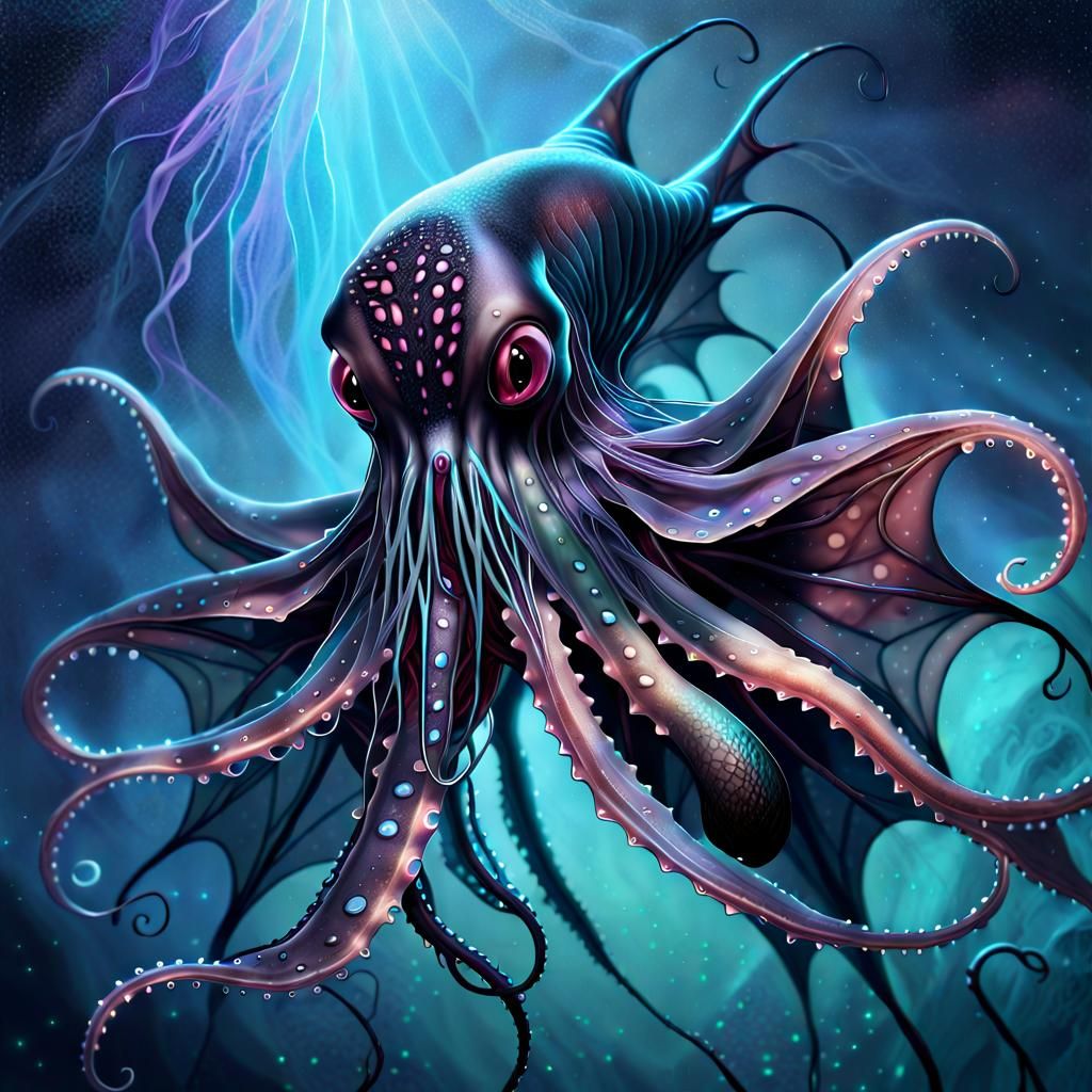 Deep Sea Bioluminescent Vampire Squid Digital Painting