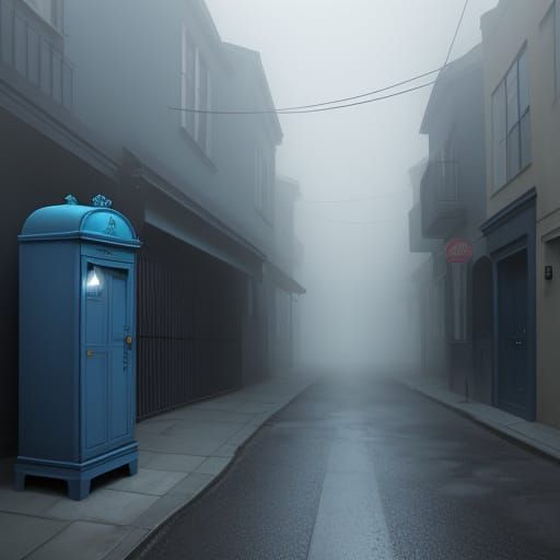 Surreal Blue Mailbox in Foggy Alleyway