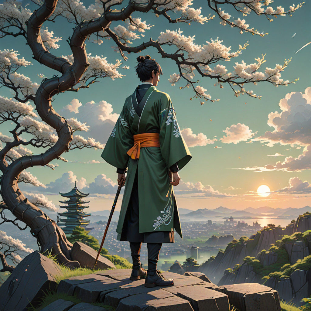 Young Samurai on Silver Basalt Cliff