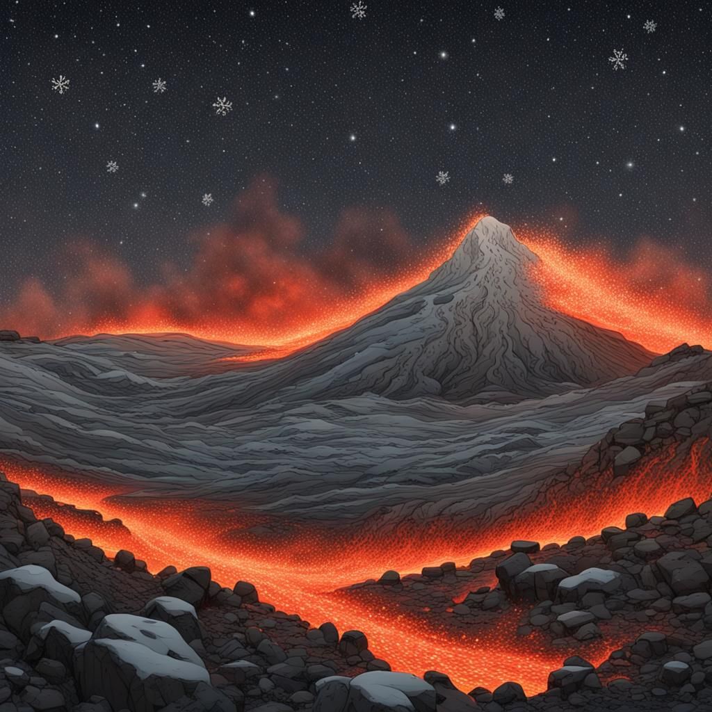 Snowflakes Turn to Ash in Lava Under Stars