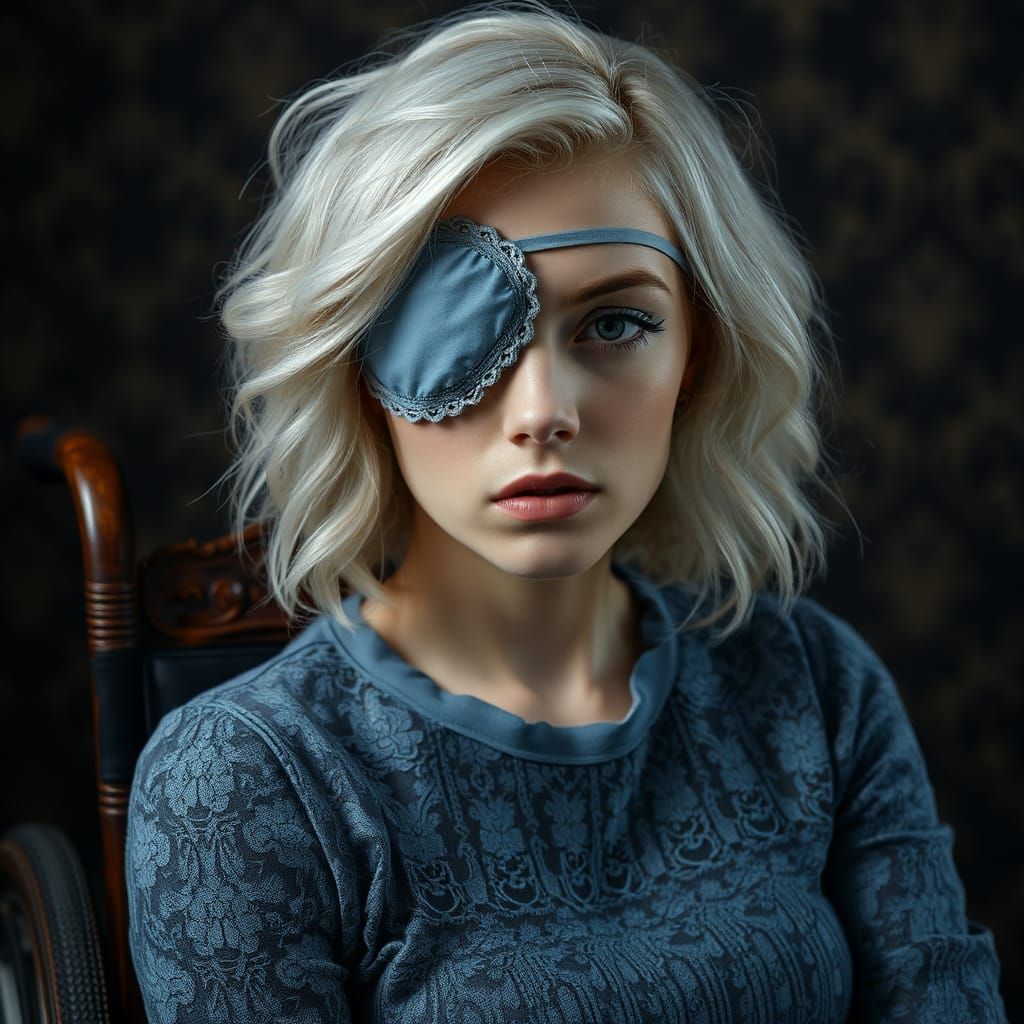 Elegant Woman with Eyepatch in Vintage Wheelchair