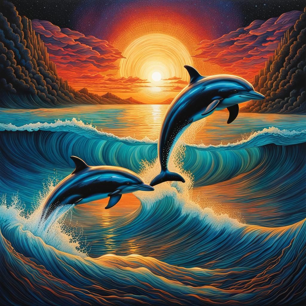 DOLPHINS SUNSET WAVES