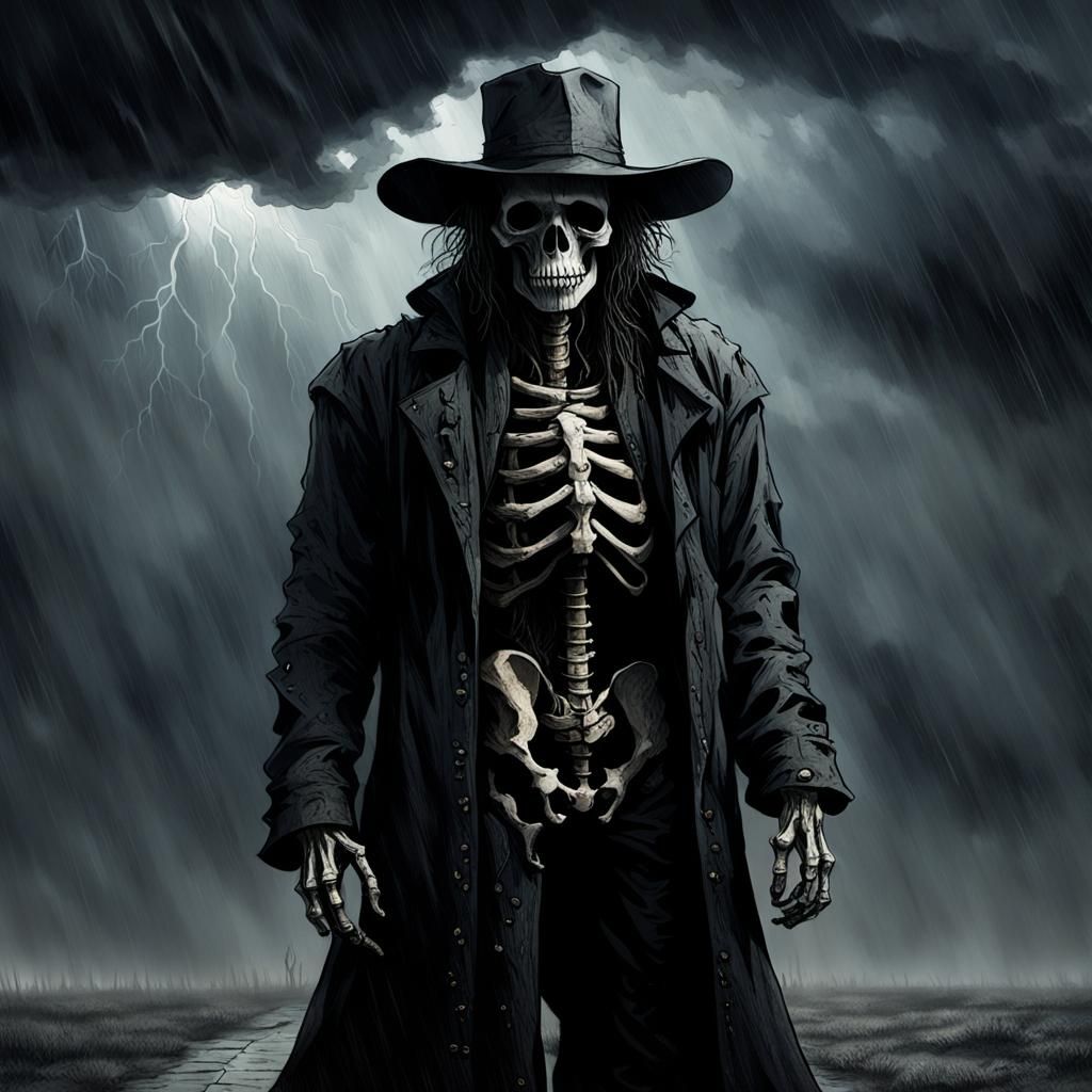 Skeletal Cowboy Kneeling in Rainy Dark Fantasy Illustration