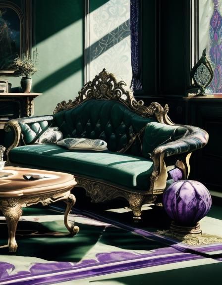 Regal Gothic living room with emerald green walls and purple...