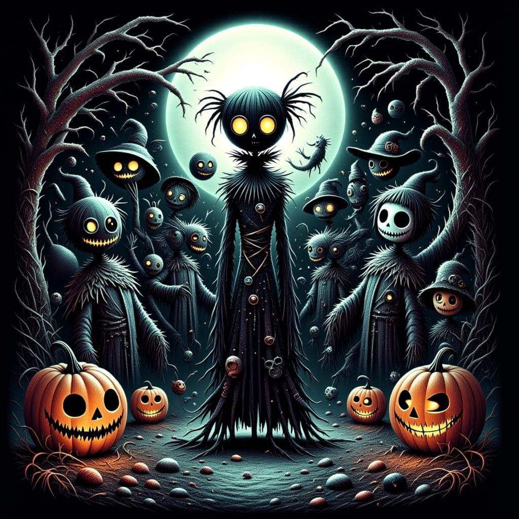 Gothic Scarecrows Haunt Shadowy Porch