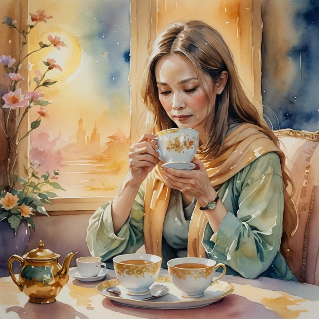 Arcturian Extra-Terrestrial Visitor Sips Tea: Watercolor Pai...