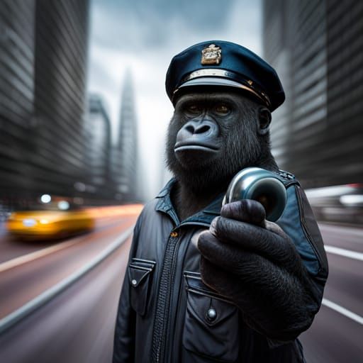 Hyperrealistic Gorilla Traffic Warden on City Avenue