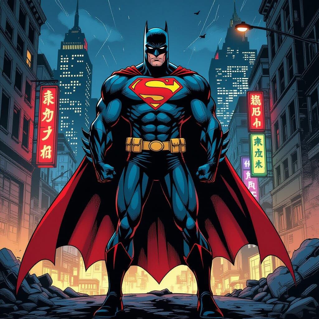 Superman Batman Hybrid Superhero in Dystopian City