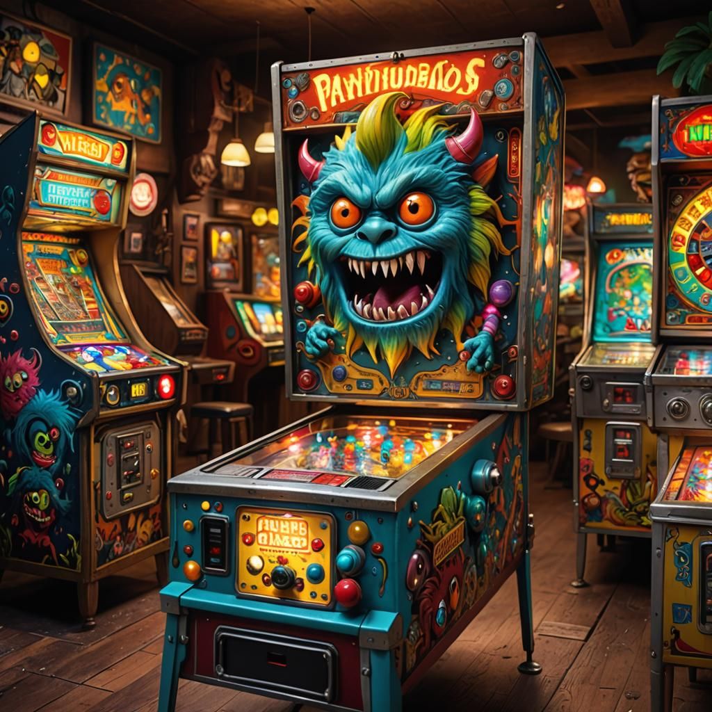 Chibi Monster Plays Pinball in Retro Arcade