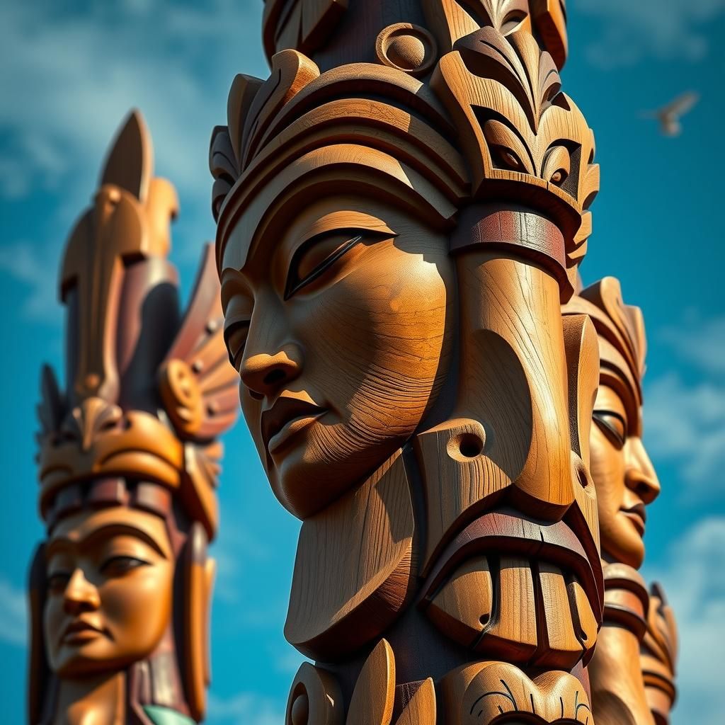 Majestic Wooden Totem Pole with Serene Faces