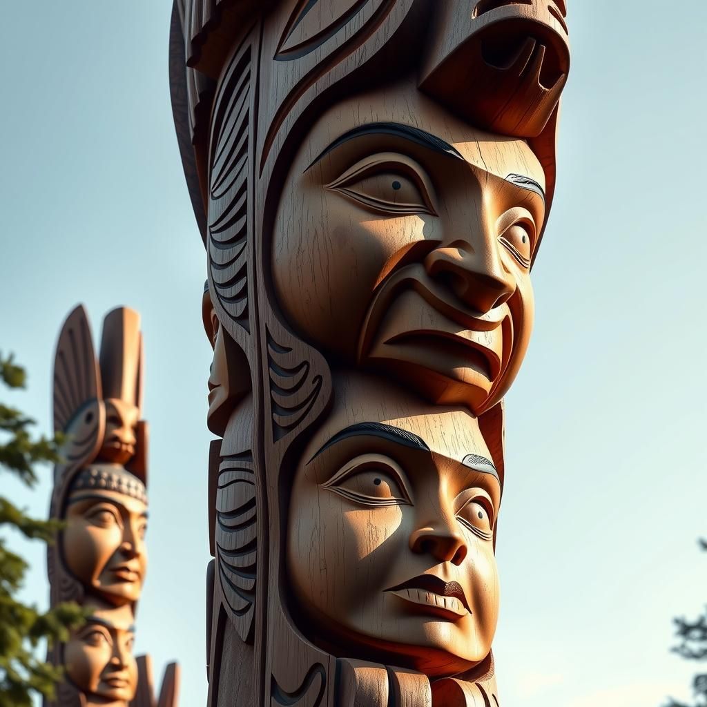 Intricately Carved Wooden Totem Pole of Women