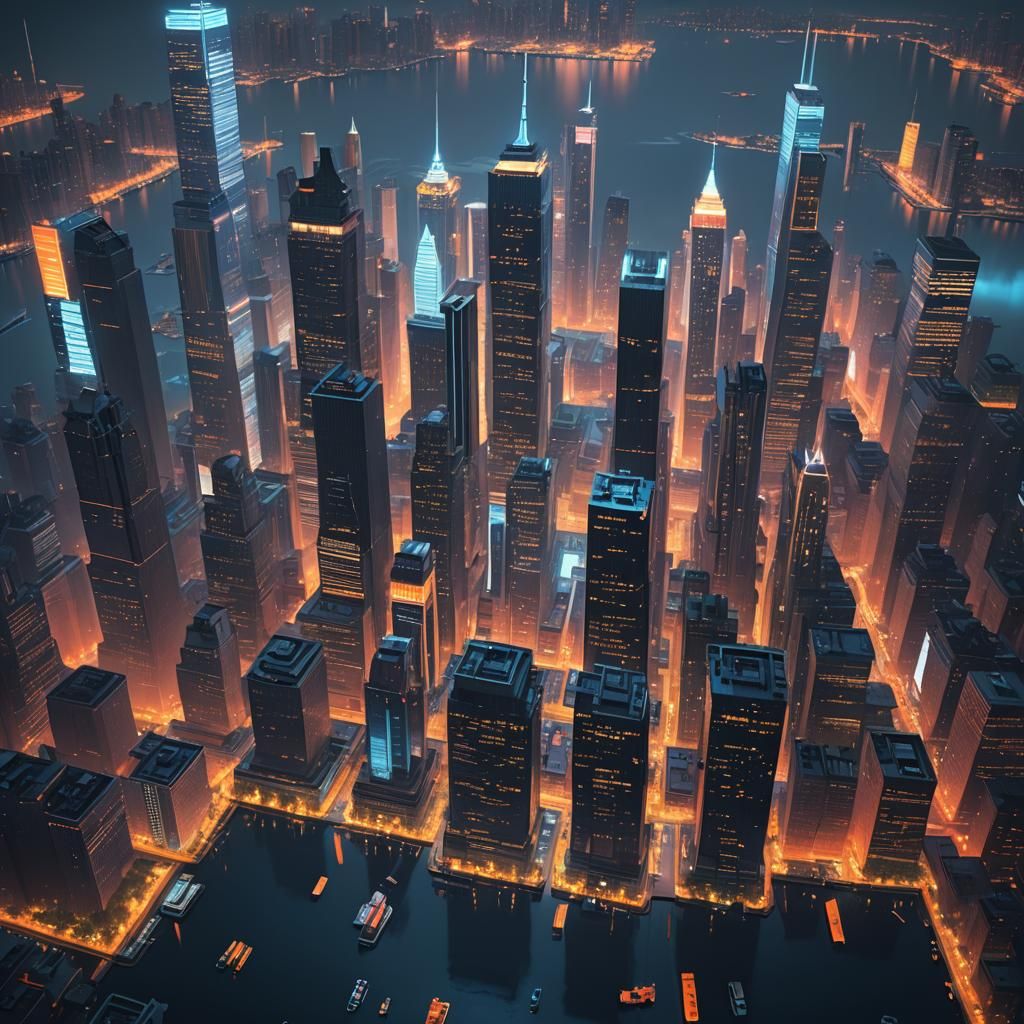 Futuristic New York Night Lake in Cyberpunk Style