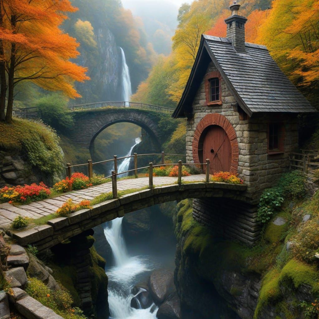 A foot bridge covered in vibrant flowers and lush moss spans across a deep canyon
