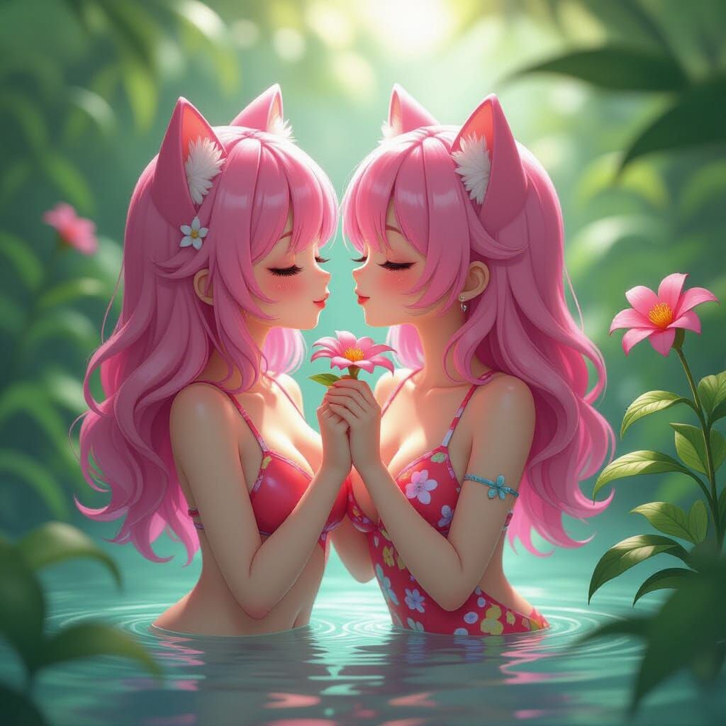 Pink-Haired Cat-Girl Kisses Flower in 3D Anime Style