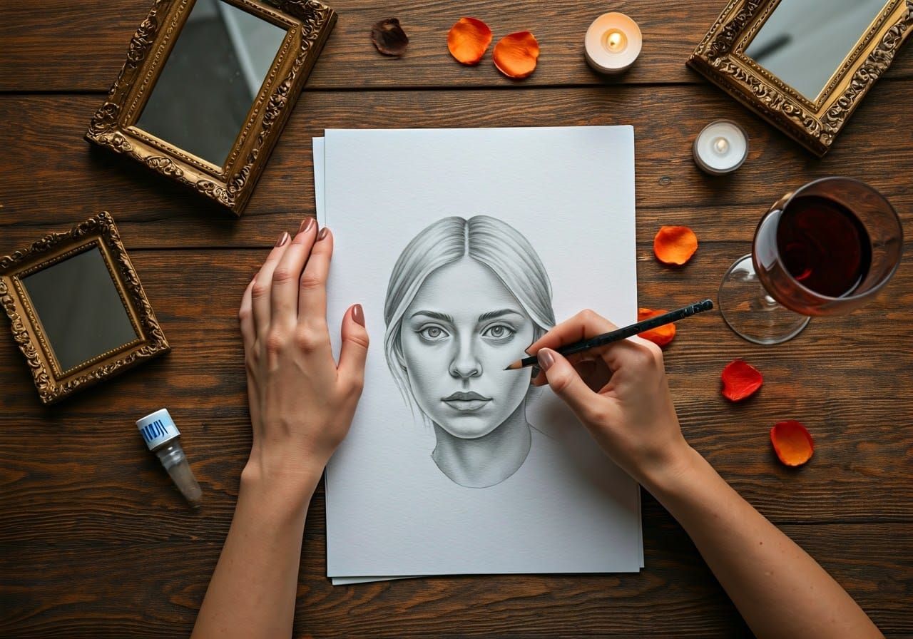 Graphite Hands Drawing Self-Portraits in Rembrandt Style