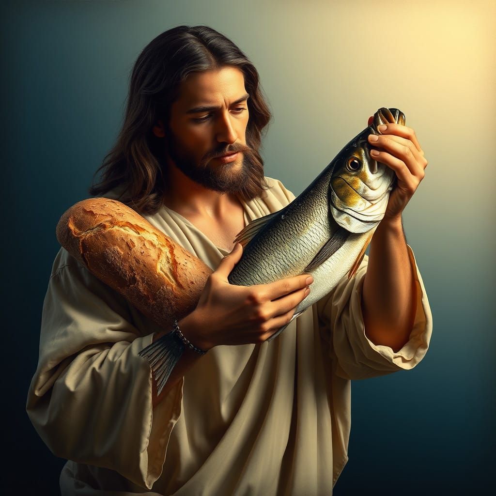 Jesus in Golden Hour, Holding Fish and Bread in a Serene Lak...